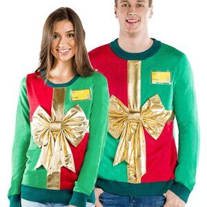 🎄🎁 Tipsy Elves Unisex Present Ugly Christmas Sweater Large | Gold Bow NWOT